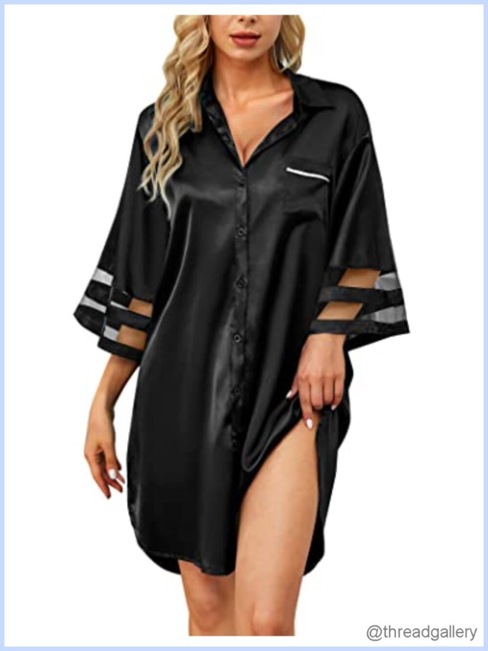 Satin Nightgown Button Down 3/4 Bell Sleeve Sleepshirt Loungewear